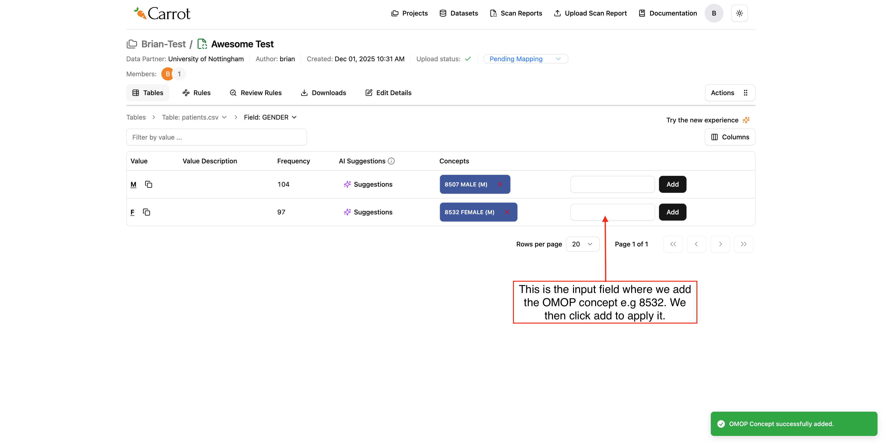Adding concept manually on the input area